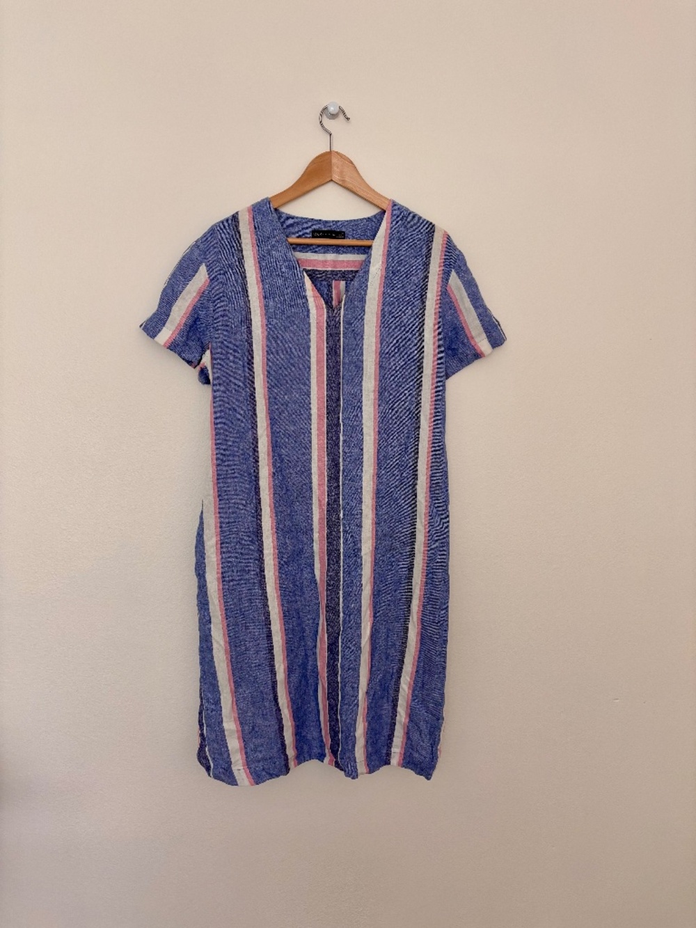 M&S Blue and Pink Striped V-Neck Casual Women’s Dress WITH POCKETS!